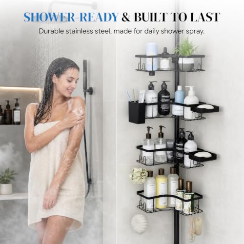 Corner Shower Caddy Tension Pole 4-Tier Rustproof Bathroom Organizer - Black