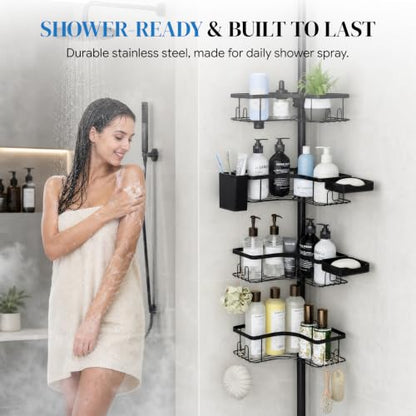 Corner Shower Caddy Tension Pole 4-Tier Rustproof Bathroom Organizer - Black