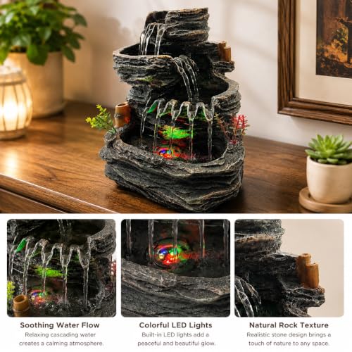 Indoor Tabletop Water Fountain with LED Light - 9.25 Inch Cascading Rock - Feng Shui Zen Decor