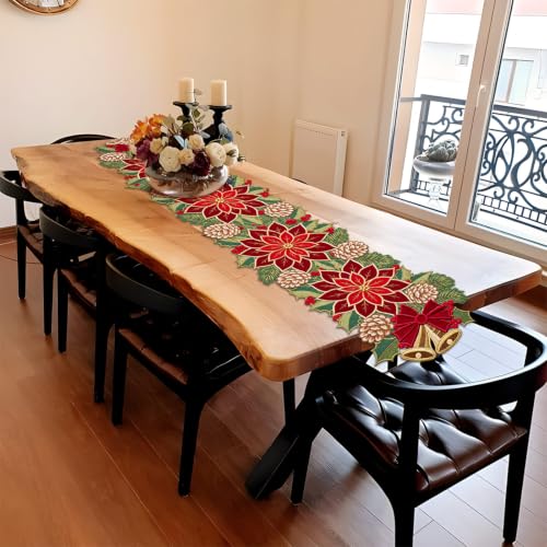 Christmas Tree Table Runner 14x36 Inch Red Green Winter Linen Decor - Red Floral Variation