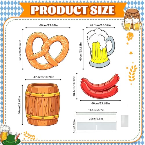 Large Oktoberfest Beer Mug Pretzel Sausage Cardboard Cutouts 4 Pack for Festive Party Decor