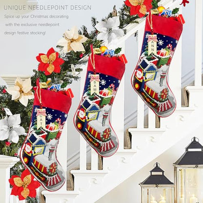Needlepoint Christmas Stocking - Vintage 18 Inch Xmas Stocking with Personalized Name Tag and Train Embroidery