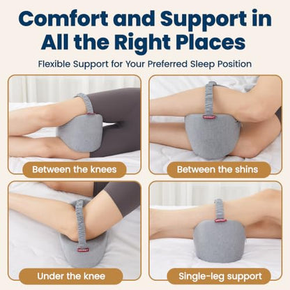 Grey Knee Pillow for Side Sleepers with Strap, Memory Foam Support Cushion for Sciatica Back Hip