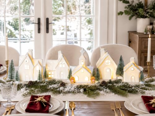 Christmas Village Set with Lighted Ceramic Houses, Trees & Figurines - Indoor Holiday Decor