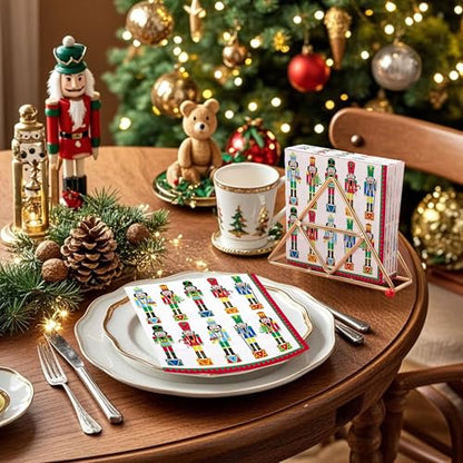 Green Nutcracker Christmas Paper Napkins - 50 Pack, 3-Ply, 5x5 Inches
