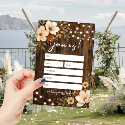 25 Pack Rustic Wood Floral Invitations with Envelopes - Fill-in Party Cards
