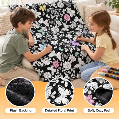 Black Flower Coloring Blanket with Markers - 48x56 Cozy Velvet DIY Craft Kit for Kids and Adults