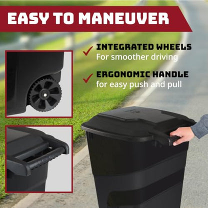 Outdoor Garbage Can with Lid - Black, 32 Gallon Wheeled Trash Bin