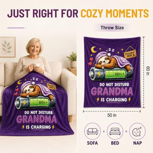 Funny Grandma Gift Blanket with Sloth Design, Cozy Throw for Birthdays