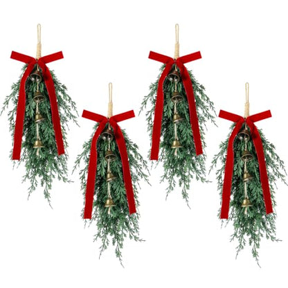 4 Pack Christmas Cedar Teardrop Swags with Velvet Ribbons & Bells - Burgundy