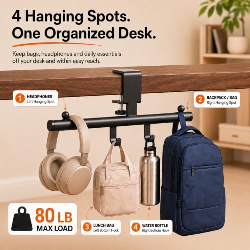 Desk Bag Hook for Desk Black Bag Holder Clamp-On Purse & Backpack Hook