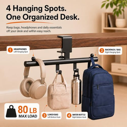 Desk Bag Hook for Desk Black Bag Holder Clamp-On Purse & Backpack Hook