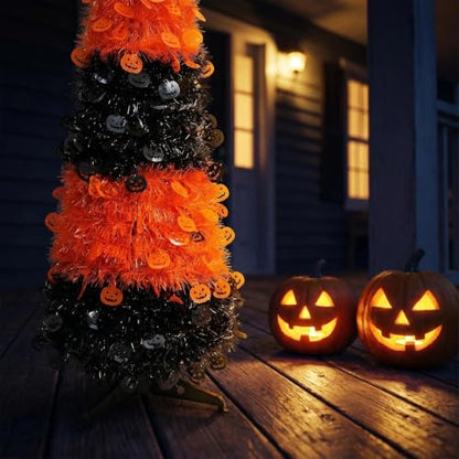 5ft Collapsible Halloween Tinsel Tree Black and Orange Reusable Pop-Up Decor