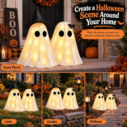 Halloween Light Up Ghosts Decoration Set - Indoor Spooky Tabletop Decor with String Lights