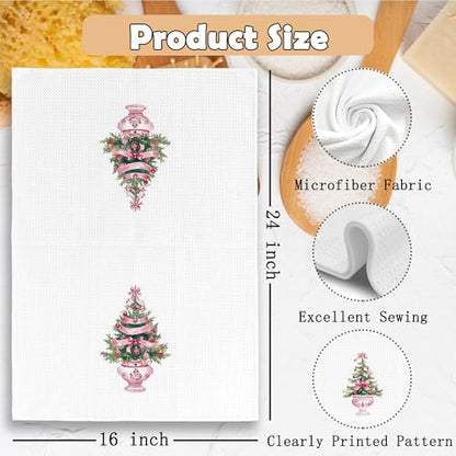 Christmas Chinoiserie-4 Kitchen Towels Set of 2 - Pink Xmas Tree Holiday Dishcloths 16x24 Inches