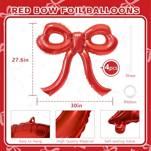 Red Bow Foil Balloons for Party Decor - 4 Pieces, 30x28 Inches