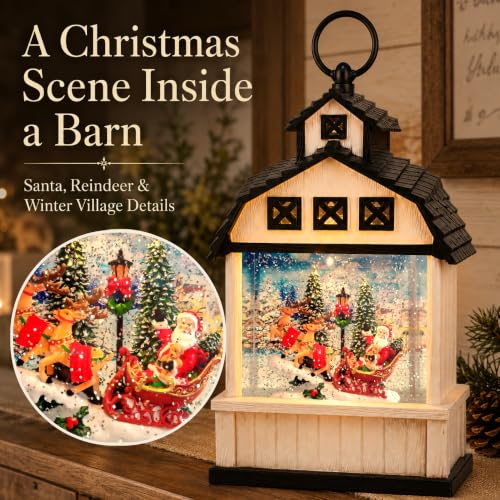 Christmas Snow Globe Lantern Santa Barn Scene - 11 Inch Holiday Decor