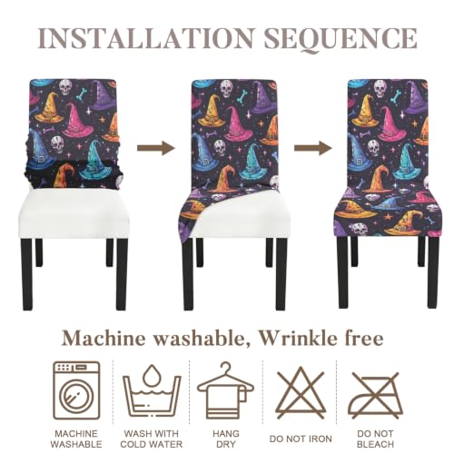 Halloween Witch Hat Chair Covers Set of 4 - Colorful Spooky Chair Slipcovers