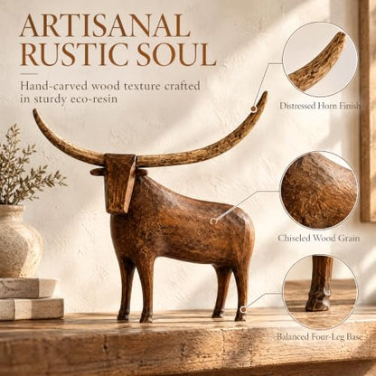 Rustic Longhorn Bull Sculpture - Hand-Carved Farmhouse Animal Figurine