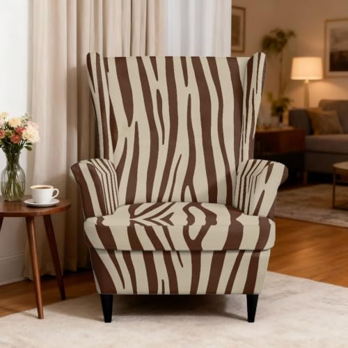 Brown Zebra Print Wingback Chair Slipcover Set of 2 - Non Slip, Stain & Pet Resistant
