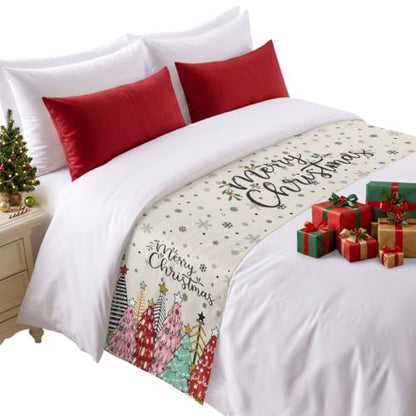 83x20 Beige Christmas Tree Bed Runner Scarf Full Queen Size Winter Holiday Decor