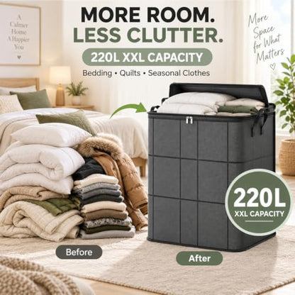 220L XXL Foldable Storage Bag with Reinforced Handles & Heavy-Duty Zipper - Portable Bedding Clothes Organizer, 23.6x19.7x27.6 in