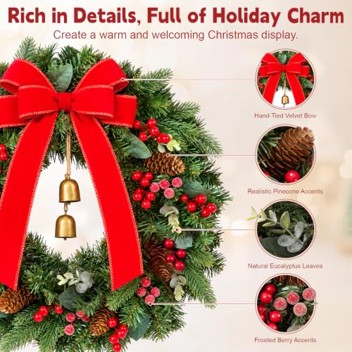 Green 20-Inch Christmas Wreaths with Red Bow & Bells - 2 Pack, Real Touch Pine