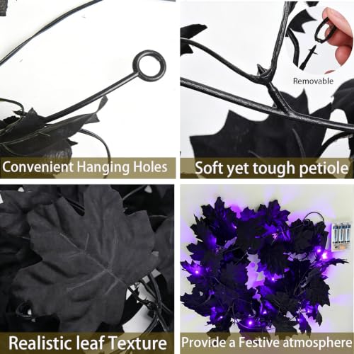 Black Maple Leaf Garland with Purple LED String Lights - Halloween Decor