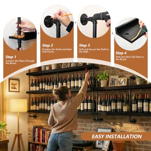 LED Wall Mounted Wine Rack and Bar Shelves - Black, 36 Inch
