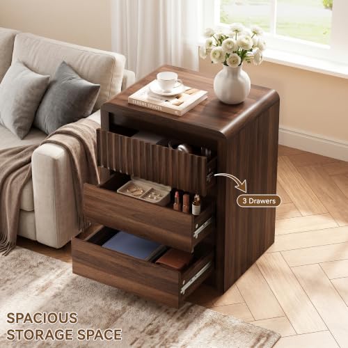 Walnut Fluted Nightstand Set of 2 with 3 Drawers - 24.4 in Tall End Tables