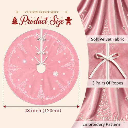 Pink Velvet Christmas Tree Skirt 48 Inch Snowflake Embroidery Holiday Decor - Variation of Tree Pink / 48 inch