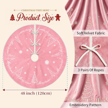 Pink Velvet Christmas Tree Skirt 48 Inch Snowflake Embroidery Holiday Decor - Variation of Tree Pink / 48 inch