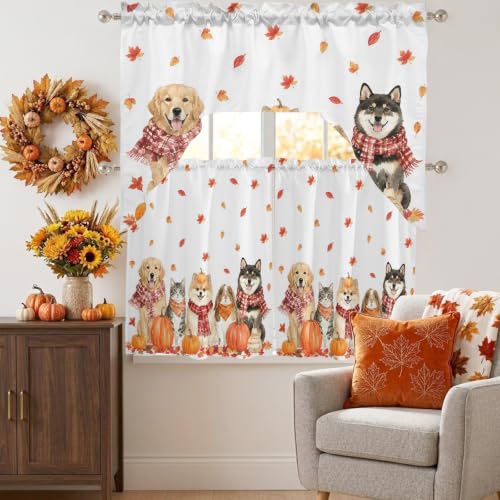 Autumn Fall Dogs Cats Kitchen Window Curtains Set 24 Inch Length - Orange Red White, 3 Piece Swag Valance and Tiers, Maple Leaves Thanksgiving Decor