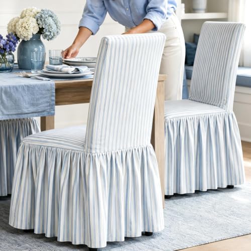 Set of 4 Blue Stripe Ruffled Dining Chair Covers - Cottage Style