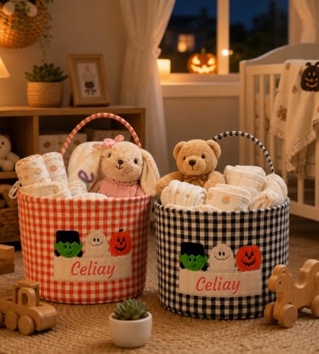 Personalized Halloween Gingham Basket with Embroidered Name - Black