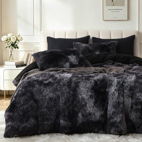 Long Shag Faux Fur Comforter Set - Full Size Black Fluffy Bed Bedding with Tie-Dye Option