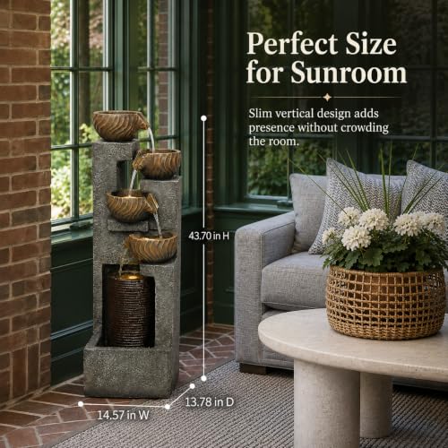 Sunroom Floor Fountain 43.7 in with 4-Bowl Cascade & Warm LED Light Gray Brown Variation