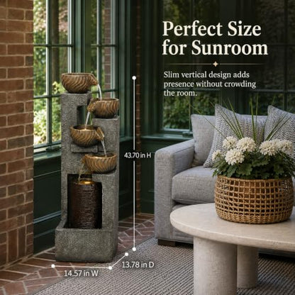Sunroom Floor Fountain 43.7 in with 4-Bowl Cascade & Warm LED Light Gray Brown Variation