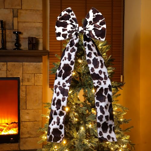 Large Cow Print Christmas Tree Topper Bow - Rustic Western Holiday Decor