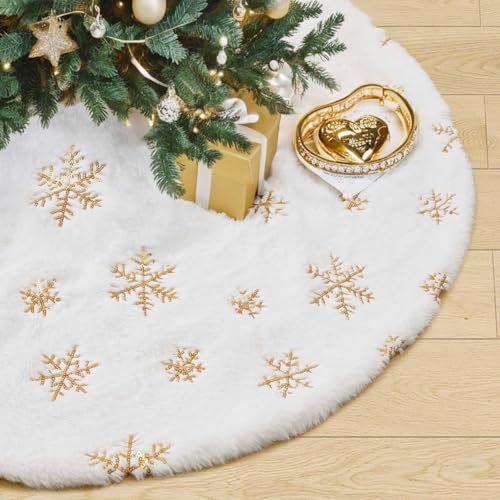 Gold Snowflakes Christmas Tree Skirt 36 Inches Faux Fur White Plush Holiday Decor