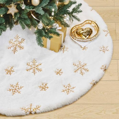 Gold Snowflakes Christmas Tree Skirt 36 Inches Faux Fur White Plush Holiday Decor