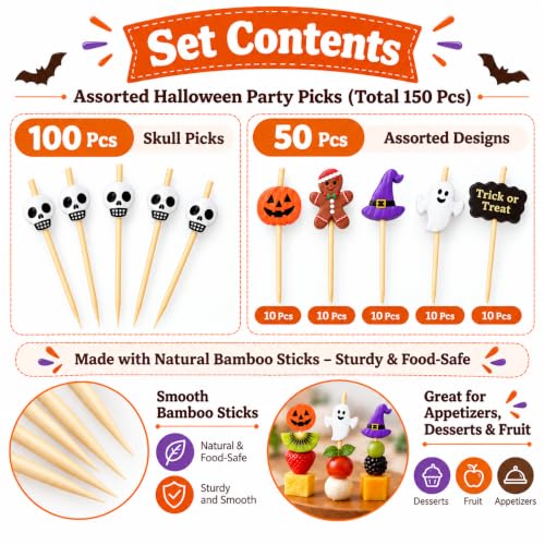 Halloween Skull & Themed Cocktail Picks - 150 Pcs Food & Drink Toothpicks