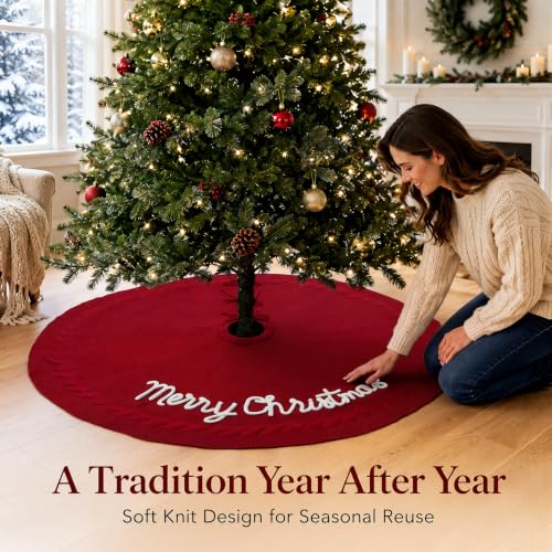 48 Inch Burgundy Knitted Christmas Tree Skirt - Holiday Decor, Gift Idea