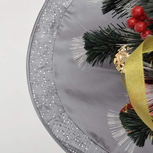50 Inch Silver Faux Silk Satin Christmas Tree Skirt with Glitter Sequin Border