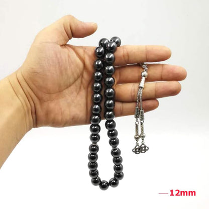 Natural Hematite Stone Tasbih Prayer Beads 33 Count Islamic Jewelry with Metal Tassel 10mm