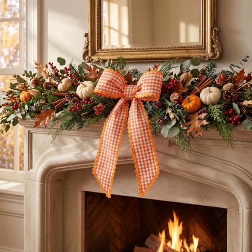 Orange White Plaid Wreath Sash for Front Door - Farmhouse Decor, 5x56 inches