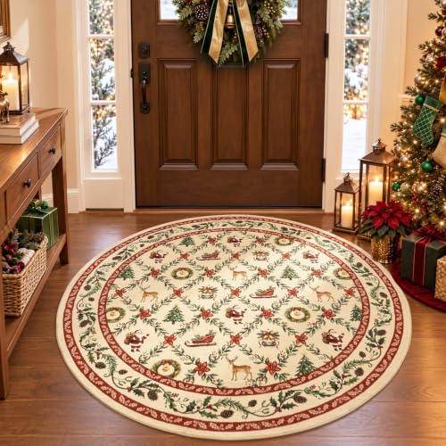 Jinchan 5ft Round Christmas Rug Santa Washable Non-Slip Holiday Area Rug Red - Xmas Red / Round / 5'