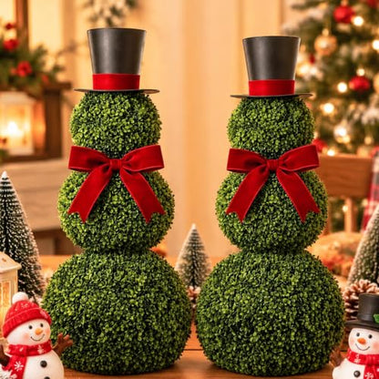 Christmas Snowman Topiary Decor Set - 2 Artificial Holiday Plants, 11.8"