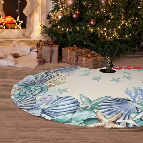 Beach Starfish Coastal Wreath Christmas Tree Skirt - Blue 30" - Holiday Decor