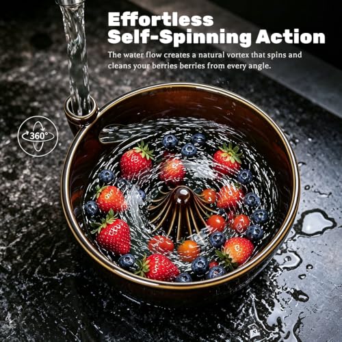 Ceramic Berry Washing Bowl with Auto-Spin Swirl Drainage - Rinse & Serve Fresh Fruits